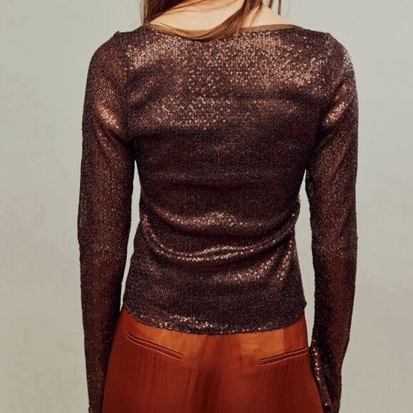 Free People Late Night Disco Glitter Sequin Layering Top Bronze Brown XS NEW - Picture 4 of 11